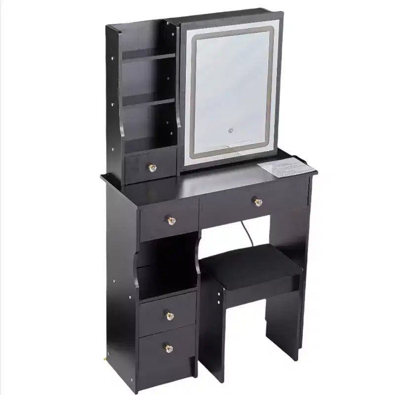 Moderna Toeletta con Specchio Scorrevole a LED, Illuminazione a Tre Modalità, Sgabello e Contenitore a Strati Multipli per Piccoli Spazi