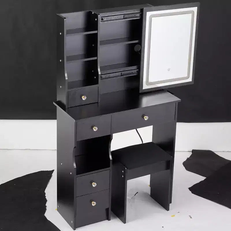 Moderna Toeletta con Specchio Scorrevole a LED, Illuminazione a Tre Modalità, Sgabello e Contenitore a Strati Multipli per Piccoli Spazi