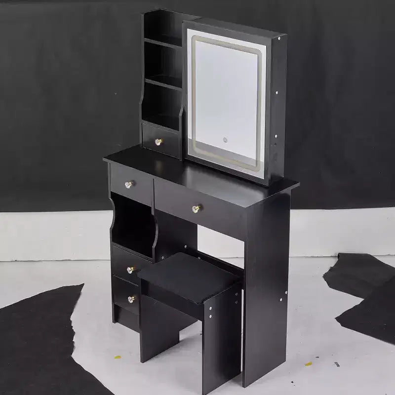 Moderna Toeletta con Specchio Scorrevole a LED, Illuminazione a Tre Modalità, Sgabello e Contenitore a Strati Multipli per Piccoli Spazi