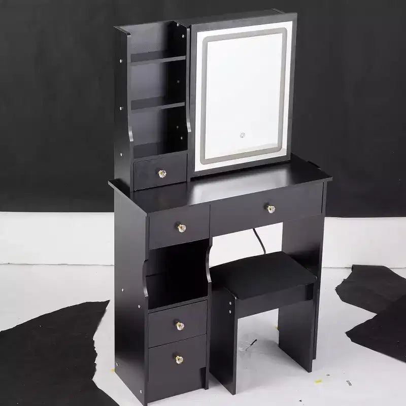 Moderna Toeletta con Specchio Scorrevole a LED, Illuminazione a Tre Modalità, Sgabello e Contenitore a Strati Multipli per Piccoli Spazi