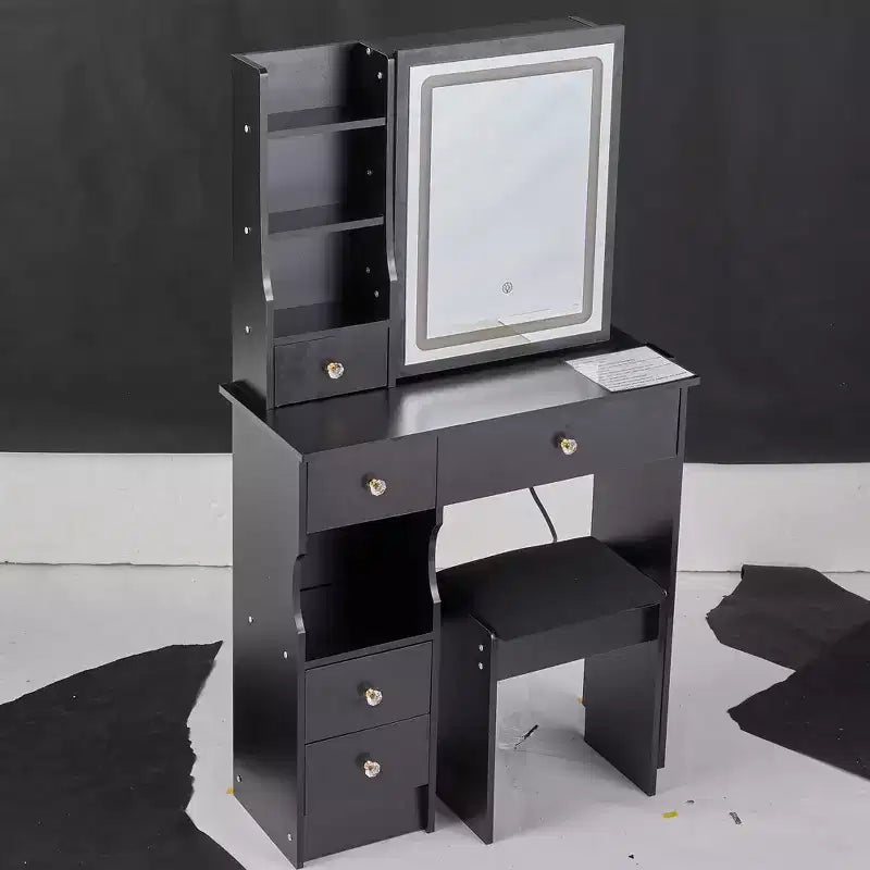 Moderna Toeletta con Specchio Scorrevole a LED, Illuminazione a Tre Modalità, Sgabello e Contenitore a Strati Multipli per Piccoli Spazi