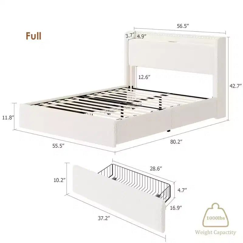 Struttura Letto con Piattaforma, 4 Cassetti Contenitore e Testiera, Supporto a Doghe in Legno, Nessuna Rete a Molle Necessaria, Facile Montaggio, Silenzioso