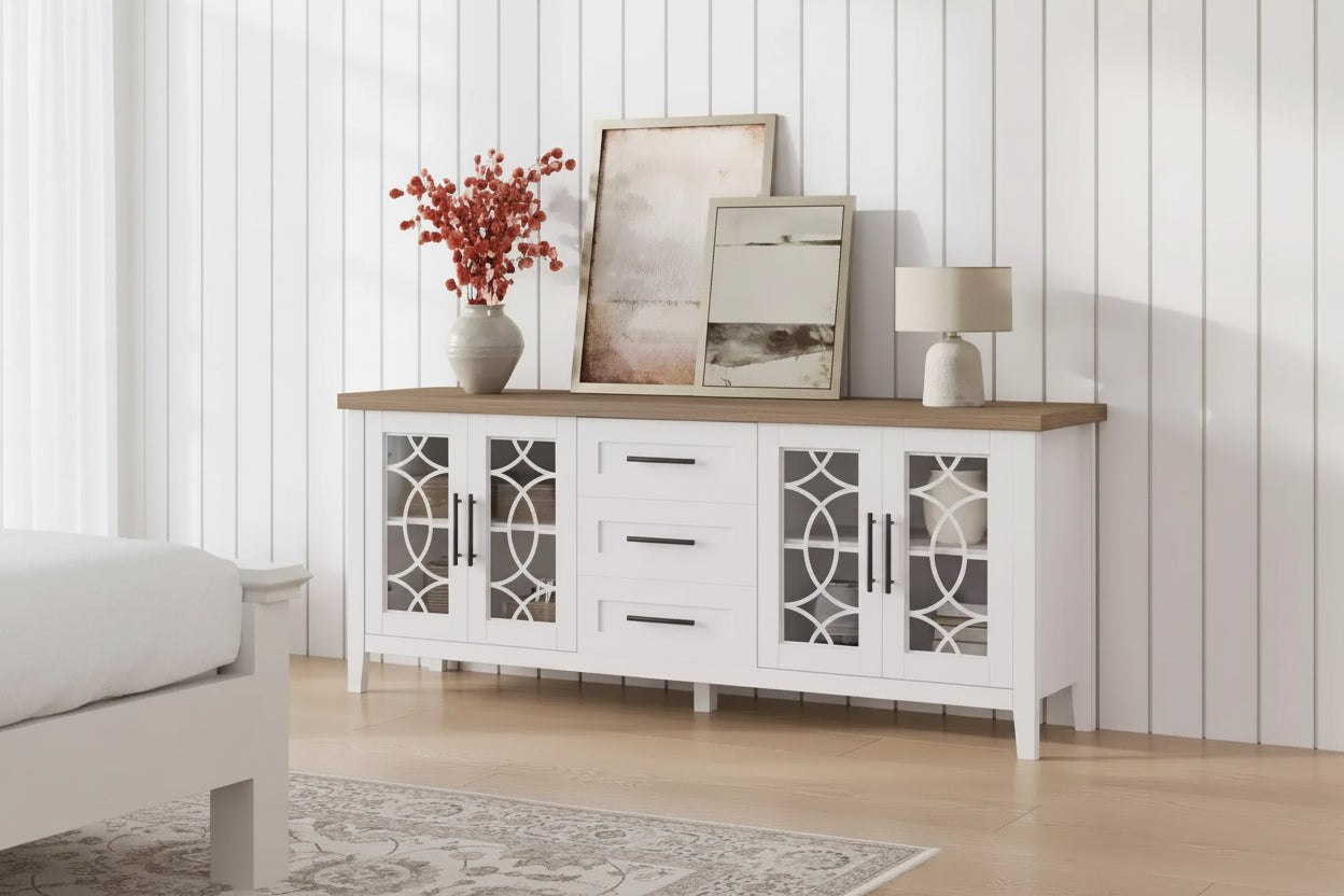 Farmhouse TV Stand for 70 Inch TV, Mid Century Entertainment Center with 3 Drawer & 2 Storage Doors, Wooden Media TV Console Table for Living Room