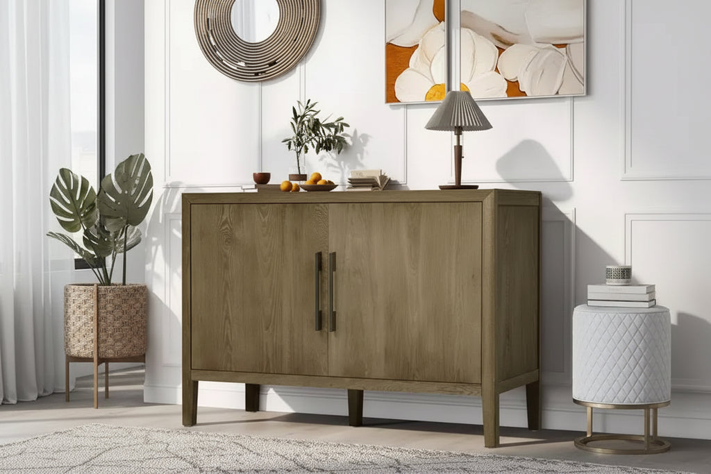 Wooden storage cabinet/dining cabinet with two metal handles and two doors, suitable for hallways, entrances, and living rooms.