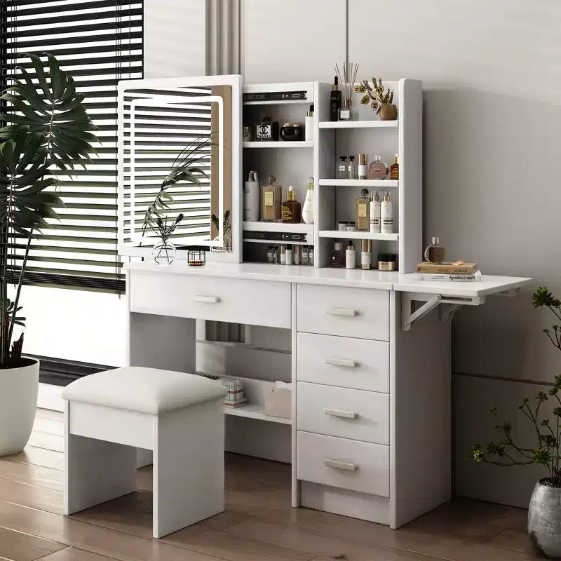 Moderna toeletta a specchio con luci LED, sedia e 5 cassetti