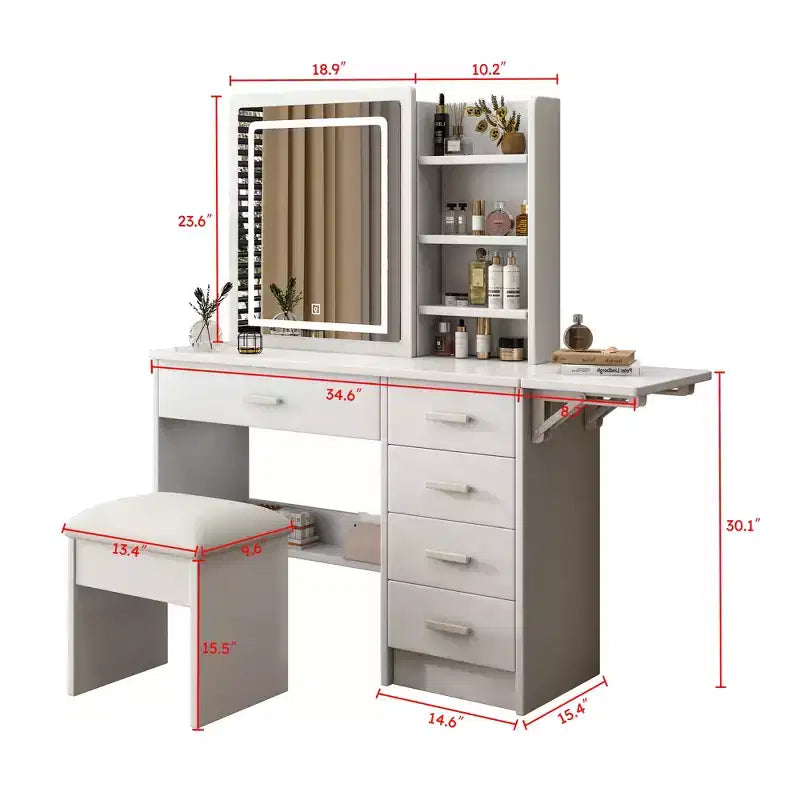 Moderna toeletta a specchio con luci LED, sedia e 5 cassetti