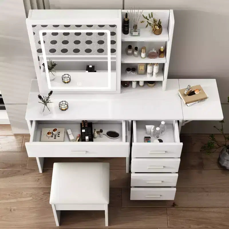 Moderna toeletta a specchio con luci LED, sedia e 5 cassetti