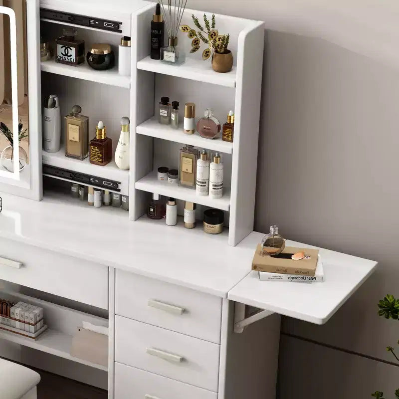 Moderna toeletta a specchio con luci LED, sedia e 5 cassetti