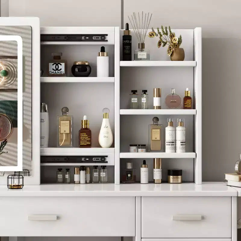Moderna toeletta a specchio con luci LED, sedia e 5 cassetti