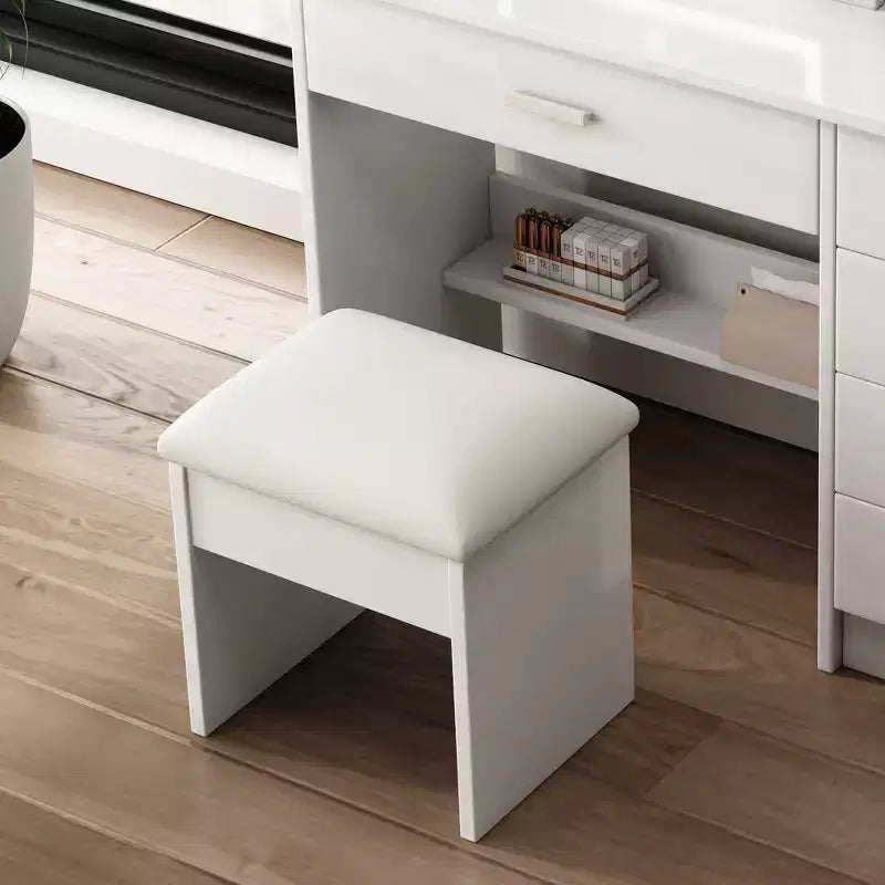 Moderna toeletta a specchio con luci LED, sedia e 5 cassetti