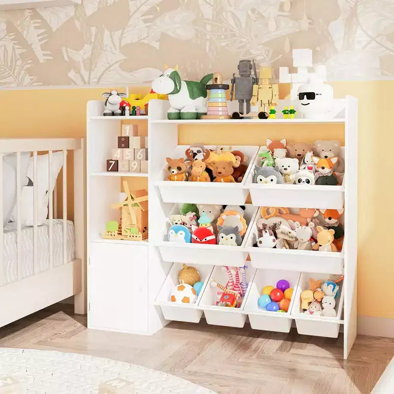 Mobiletto organizer in legno per bambini per riporre giochi, libri e oggetti artigianali, scaffale portaoggetti per bambini con 8 contenitori rimovibili, libreria per bambini per asilo nido e sala giochi