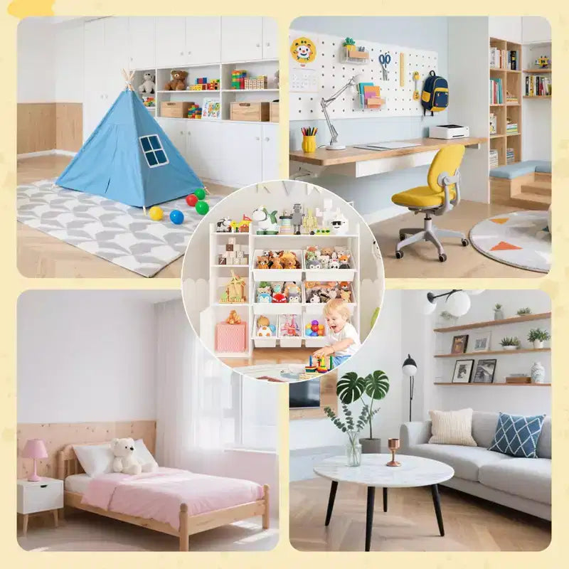 Mobiletto organizer in legno per bambini per riporre giochi, libri e oggetti artigianali, scaffale portaoggetti per bambini con 8 contenitori rimovibili, libreria per bambini per asilo nido e sala giochi
