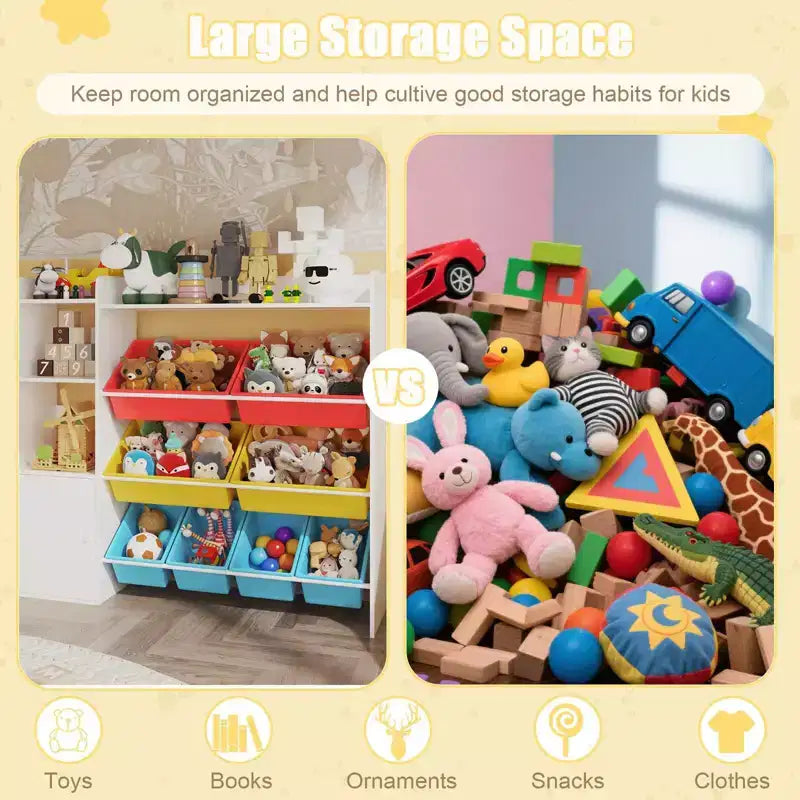 Mobiletto organizer in legno per bambini per riporre giochi, libri e oggetti artigianali, scaffale portaoggetti per bambini con 8 contenitori rimovibili, libreria per bambini per asilo nido e sala giochi