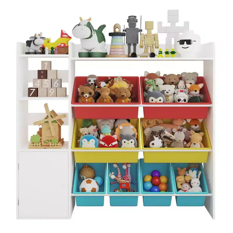 Mobiletto organizer in legno per bambini per riporre giochi, libri e oggetti artigianali, scaffale portaoggetti per bambini con 8 contenitori rimovibili, libreria per bambini per asilo nido e sala giochi