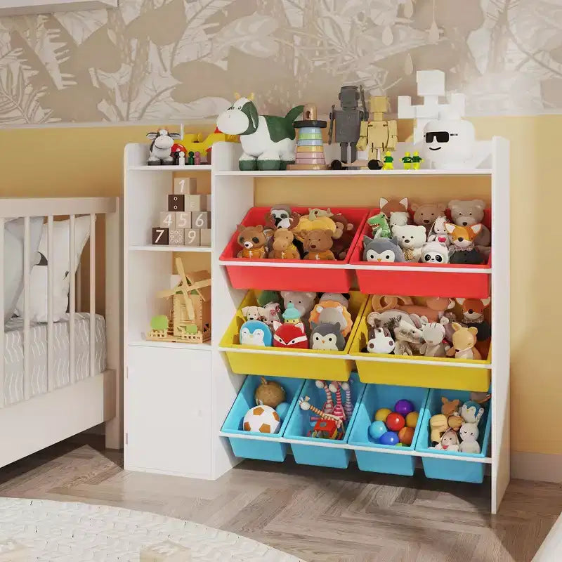 Mobiletto organizer in legno per bambini per riporre giochi, libri e oggetti artigianali, scaffale portaoggetti per bambini con 8 contenitori rimovibili, libreria per bambini per asilo nido e sala giochi