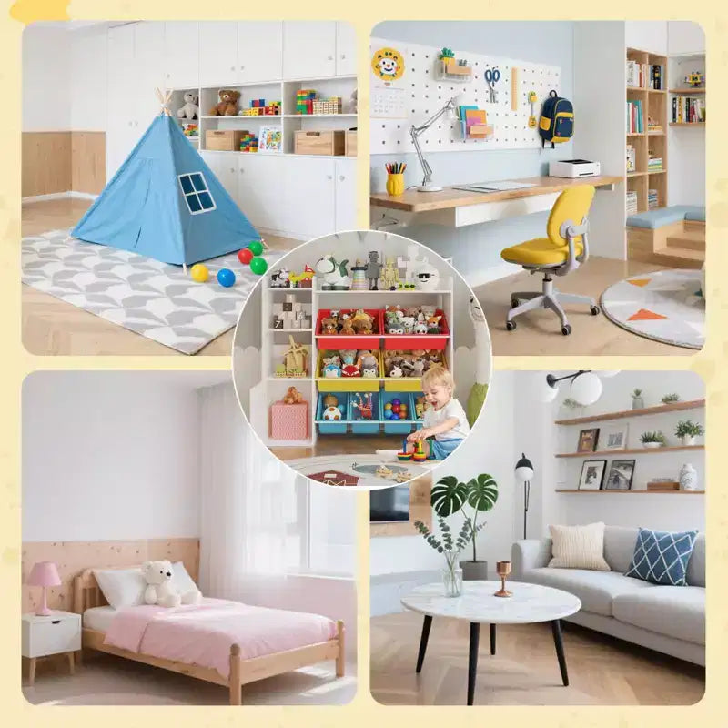 Mobiletto organizer in legno per bambini per riporre giochi, libri e oggetti artigianali, scaffale portaoggetti per bambini con 8 contenitori rimovibili, libreria per bambini per asilo nido e sala giochi