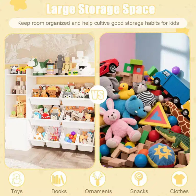 Mobiletto organizer in legno per bambini per riporre giochi, libri e oggetti artigianali, scaffale portaoggetti per bambini con 8 contenitori rimovibili, libreria per bambini per asilo nido e sala giochi