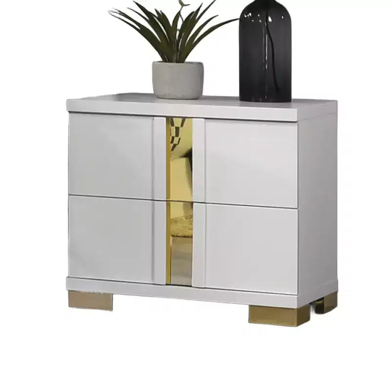 Comodino 1 Pezzo con Dettagli Bianchi e Dorati, Gambe Metalliche a Staffa, Dettagli in Acrilico, Arredamento Camera da Letto Contemporaneo