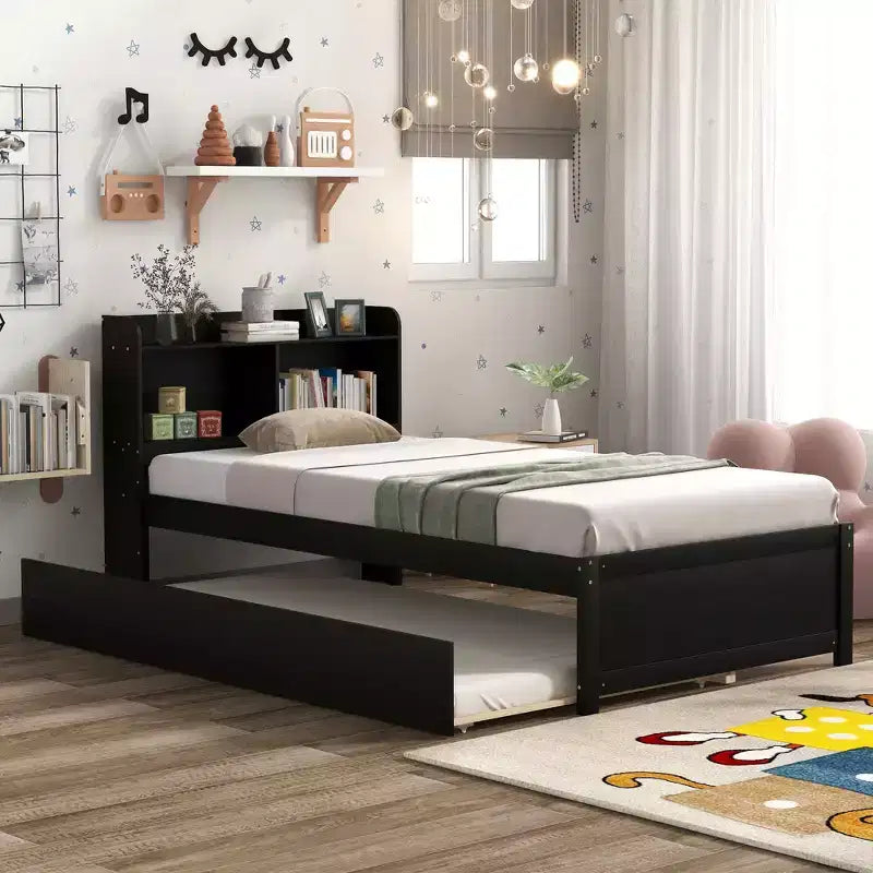 Letto a piattaforma singolo con testiera contenitore e letto estraibile a rotelle - Legno di pino, marrone