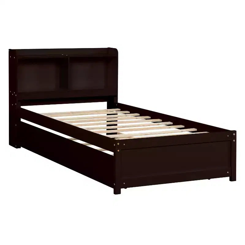 Letto a piattaforma singolo con testiera contenitore e letto estraibile a rotelle - Legno di pino, marrone