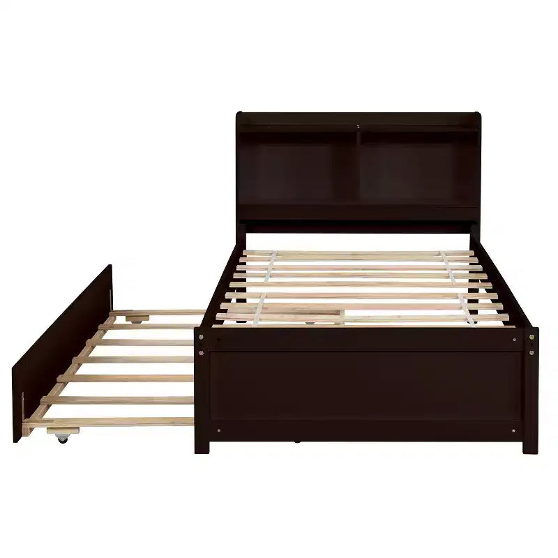 Letto a piattaforma singolo con testiera contenitore e letto estraibile a rotelle - Legno di pino, marrone