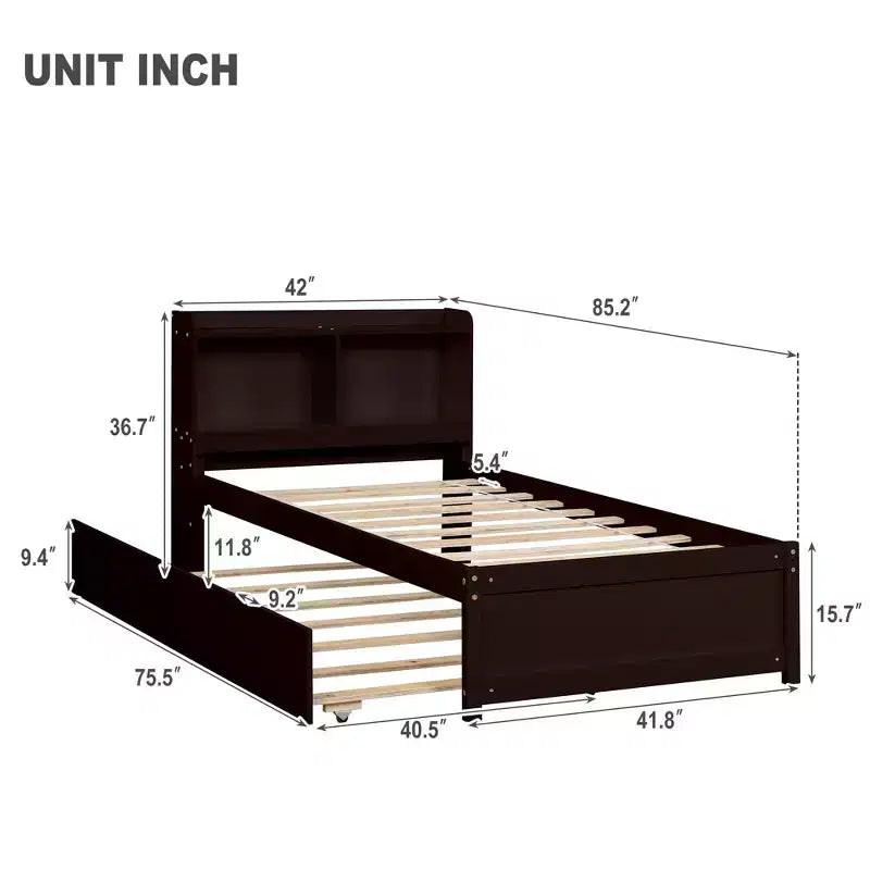 Letto a piattaforma singolo con testiera contenitore e letto estraibile a rotelle - Legno di pino, marrone