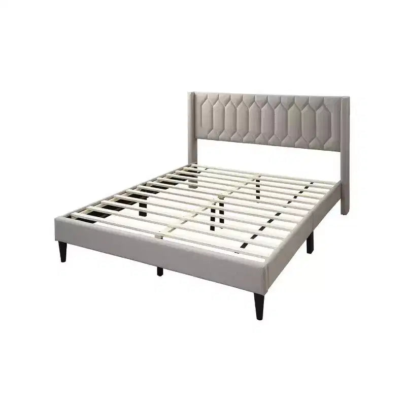 Letto a piattaforma Queen Size con rivestimento in tessuto di iuta impunturato geometricamente - Marrone chiaro