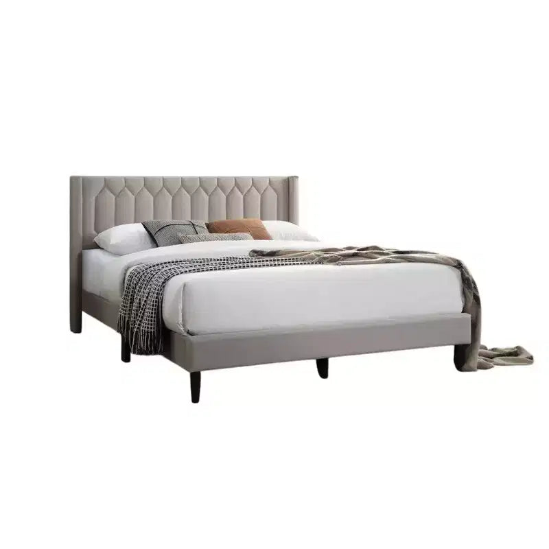 Letto a piattaforma Queen Size con rivestimento in tessuto di iuta impunturato geometricamente - Marrone chiaro