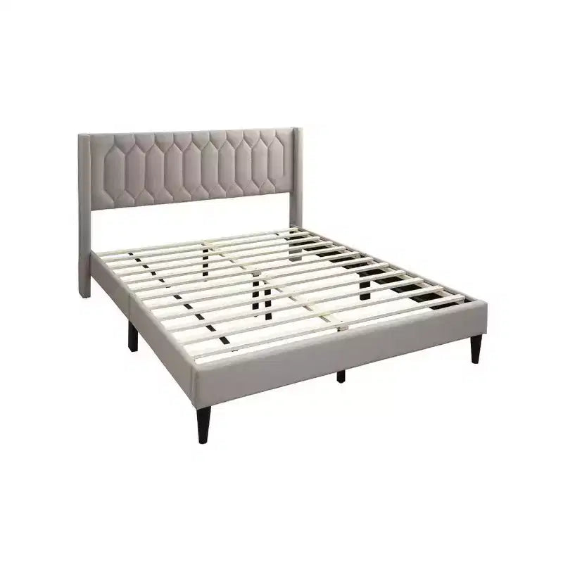 Letto a piattaforma Queen Size con rivestimento in tessuto di iuta impunturato geometricamente - Marrone chiaro