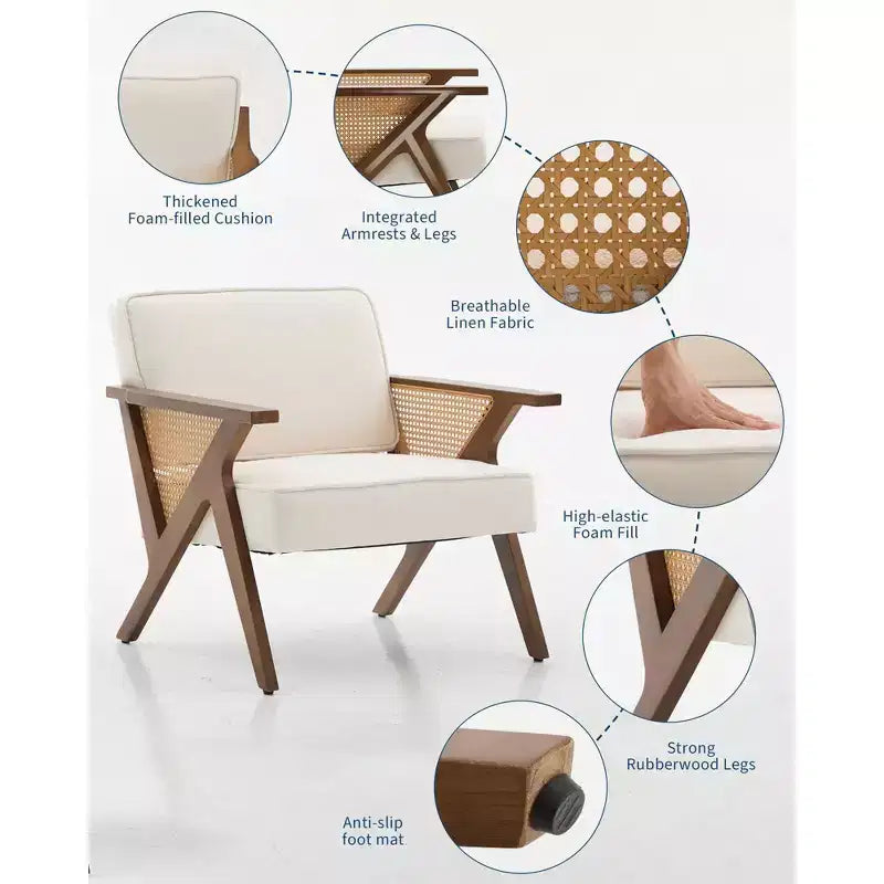 Poltrona d'accento Mid-Century Modern, Gambe robuste in legno, Tessuto in lino, per Soggiorno, Camera da letto