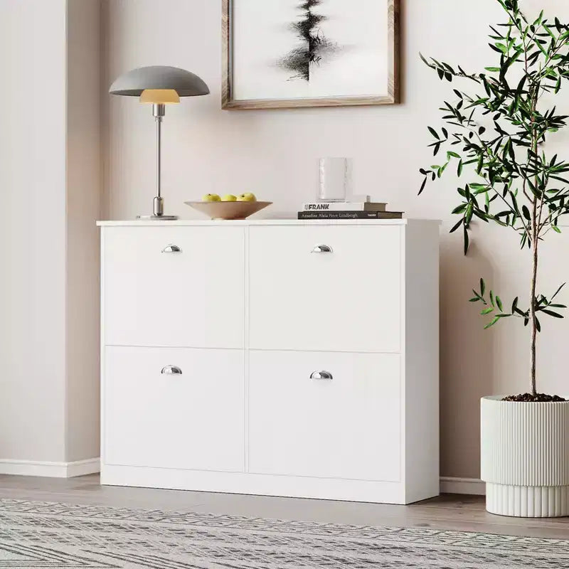 Scarpiera stretta Mid-Century con 4 ante a ribalta - Credenza da ingresso autoportante