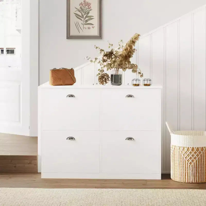 Scarpiera stretta Mid-Century con 4 ante a ribalta - Credenza da ingresso autoportante