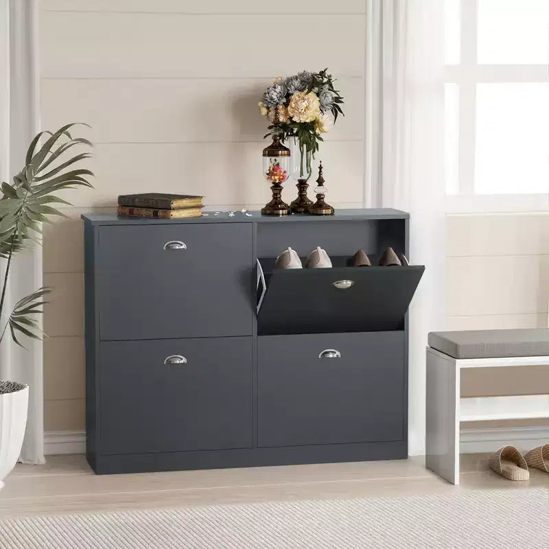 Scarpiera stretta Mid-Century con 4 ante a ribalta - Credenza da ingresso autoportante