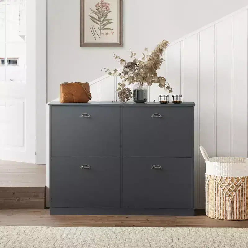 Scarpiera stretta Mid-Century con 4 ante a ribalta - Credenza da ingresso autoportante