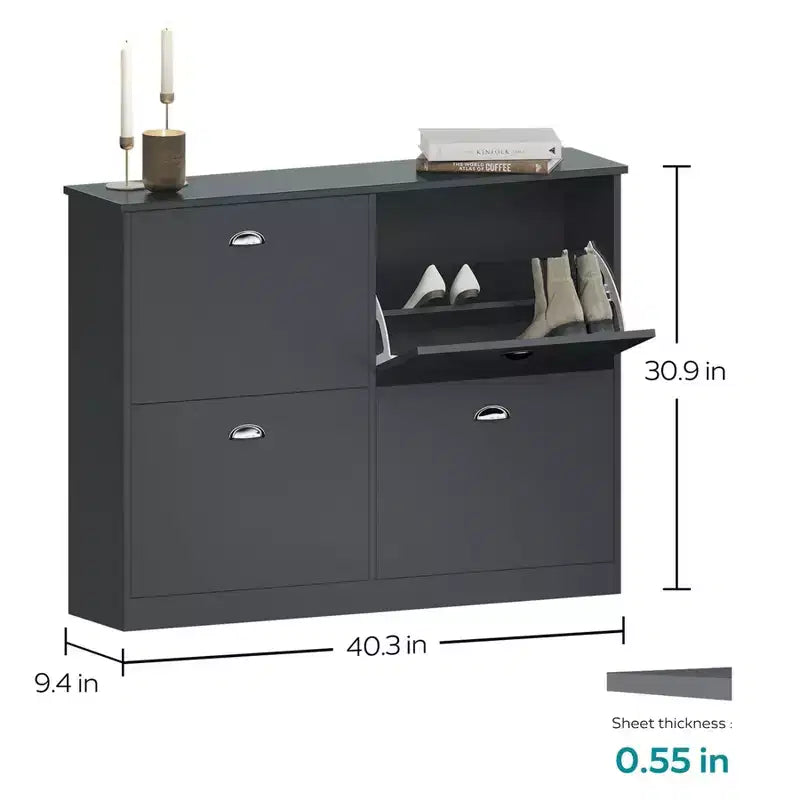 Scarpiera stretta Mid-Century con 4 ante a ribalta - Credenza da ingresso autoportante
