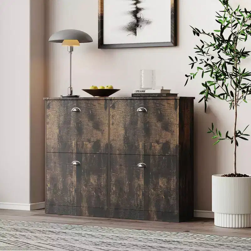 Scarpiera stretta Mid-Century con 4 ante a ribalta - Credenza da ingresso autoportante