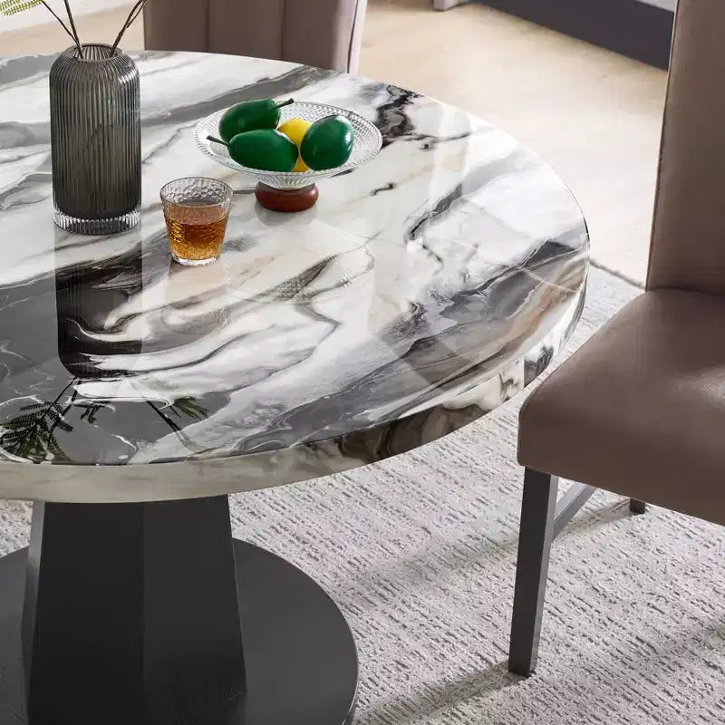 Tavolo da pranzo moderno rotondo in finto marmo con base a piedistallo in legno - 4 posti a sedere
