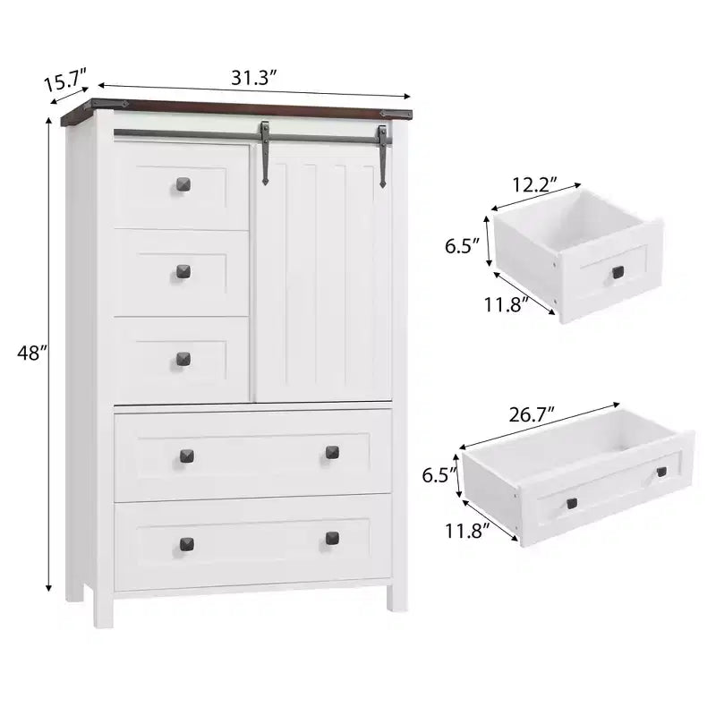 Cassettiera rustica a 5 cassetti con anta scorrevole a serranda, cassettiera alta in legno da 122 cm con ripiano regolabile per camera da letto, ingresso, soggiorno - Bianca