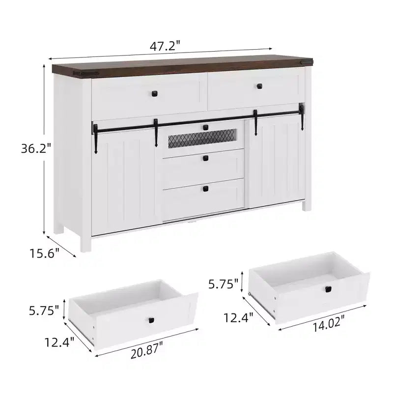 Cassettiera rustica a 5 cassetti con anta scorrevole a serranda, cassettiera alta in legno da 122 cm con ripiano regolabile per camera da letto, ingresso, soggiorno - Bianca