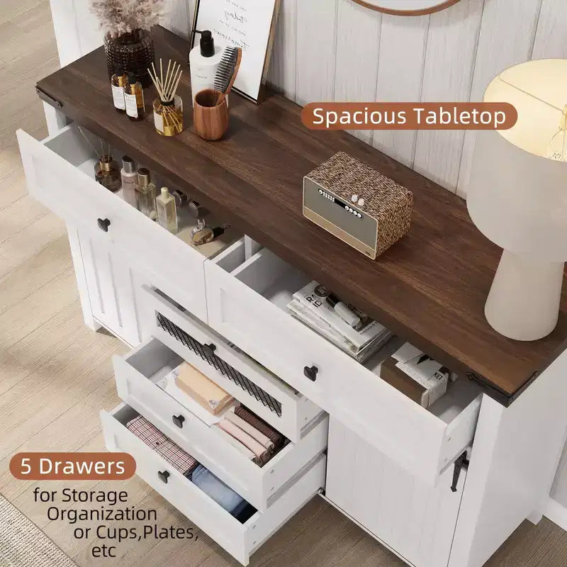 Cassettiera rustica a 5 cassetti con anta scorrevole a serranda, cassettiera alta in legno da 122 cm con ripiano regolabile per camera da letto, ingresso, soggiorno - Bianca