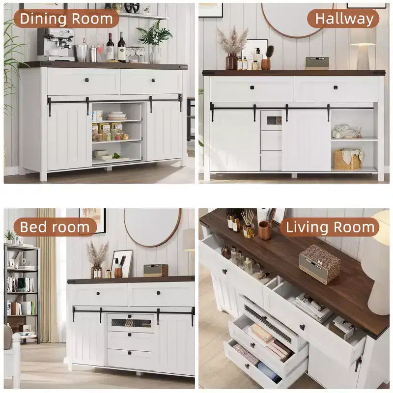 Cassettiera rustica a 5 cassetti con anta scorrevole a serranda, cassettiera alta in legno da 122 cm con ripiano regolabile per camera da letto, ingresso, soggiorno - Bianca