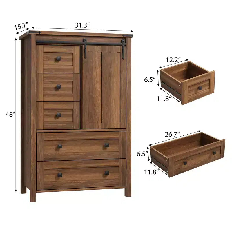 Cassettiera rustica a 5 cassetti con anta scorrevole a serranda, cassettiera alta in legno da 122 cm con ripiano regolabile per camera da letto, ingresso, soggiorno - Bianca