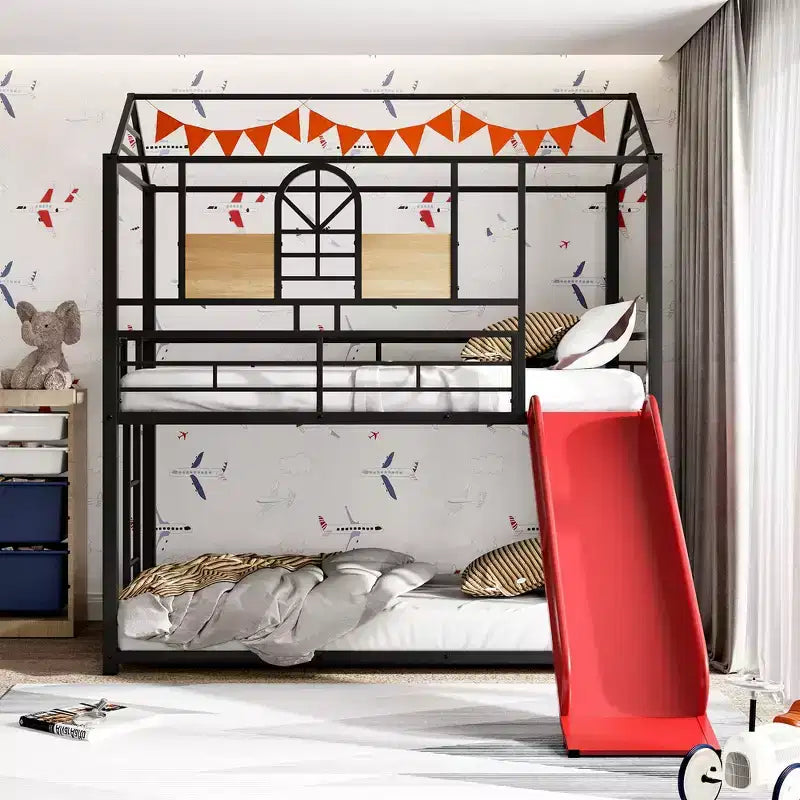 Letto a Castello in Metallo per Bambini con Scivolo e Sponda di Sicurezza