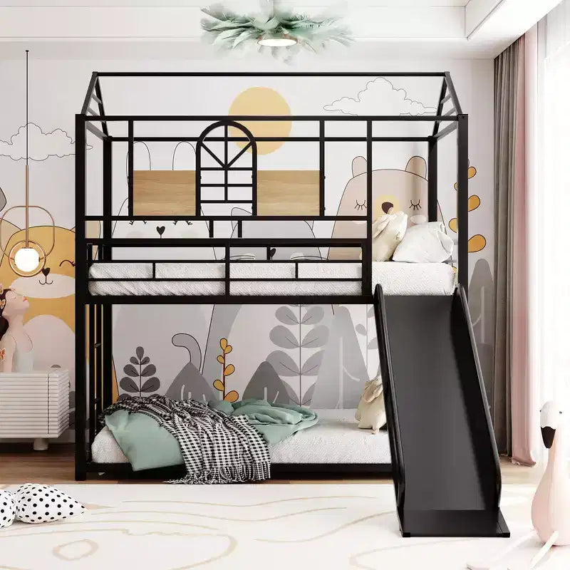 Letto a Castello in Metallo per Bambini con Scivolo e Sponda di Sicurezza