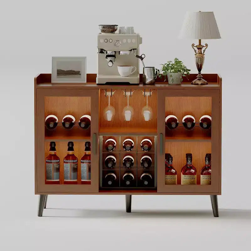 Mobiletto bar per caffè e vino da 47" con anta in vetro, credenza in legno a 4 ripiani per soggiorno e cucina