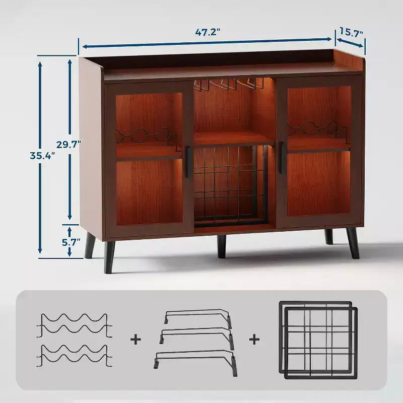 Mobiletto bar per caffè e vino da 47" con anta in vetro, credenza in legno a 4 ripiani per soggiorno e cucina