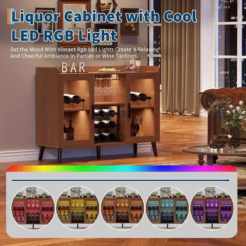 Mobiletto bar per caffè e vino da 47" con anta in vetro, credenza in legno a 4 ripiani per soggiorno e cucina