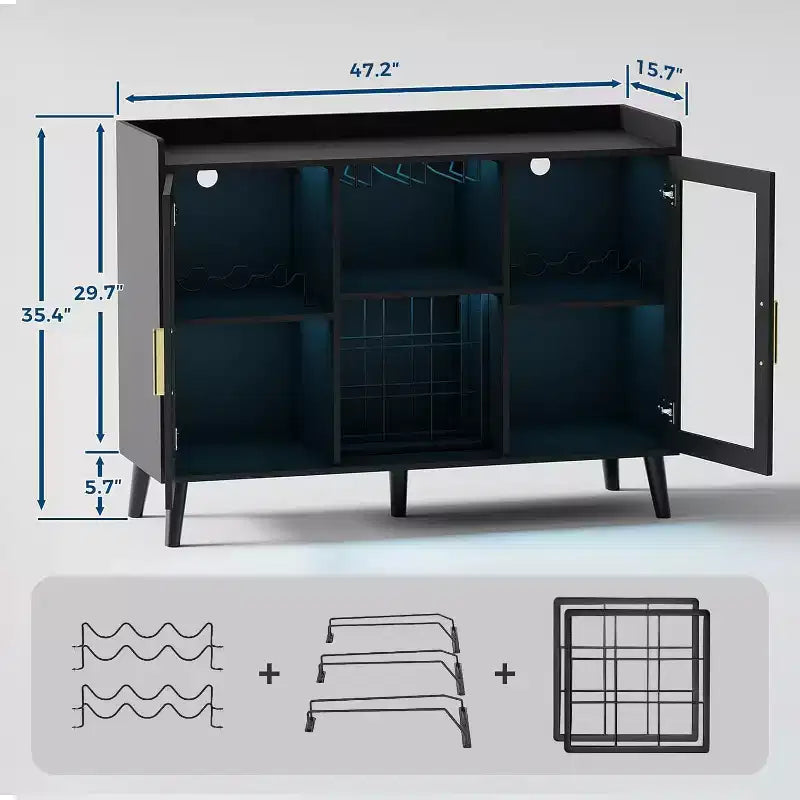 Mobiletto bar per caffè e vino da 47" con anta in vetro, credenza in legno a 4 ripiani per soggiorno e cucina