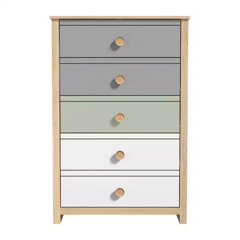 Cassettiera a 5 cassetti con frontali a colori misti - Quercia Oslo, 78 cm L x 40 cm P x 117,3 cm A