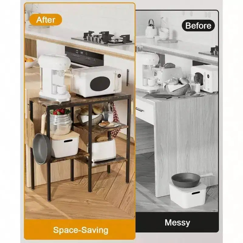 Supporto per forno a microonde da cucina a 4 ripiani, stazione bar per caffè regolabile, scaffale da fornaio per piccoli elettrodomestici con 4 ganci, 5 scomparti